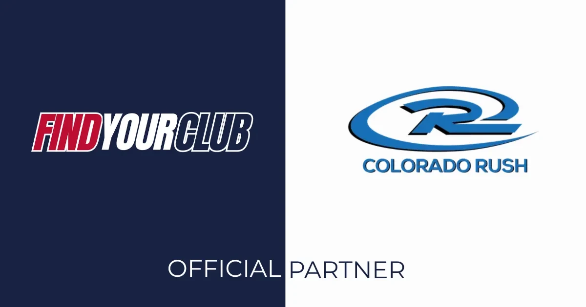 Find Your Club logo on the left on a blue background and Colorado Rush logo on the right on a white background
