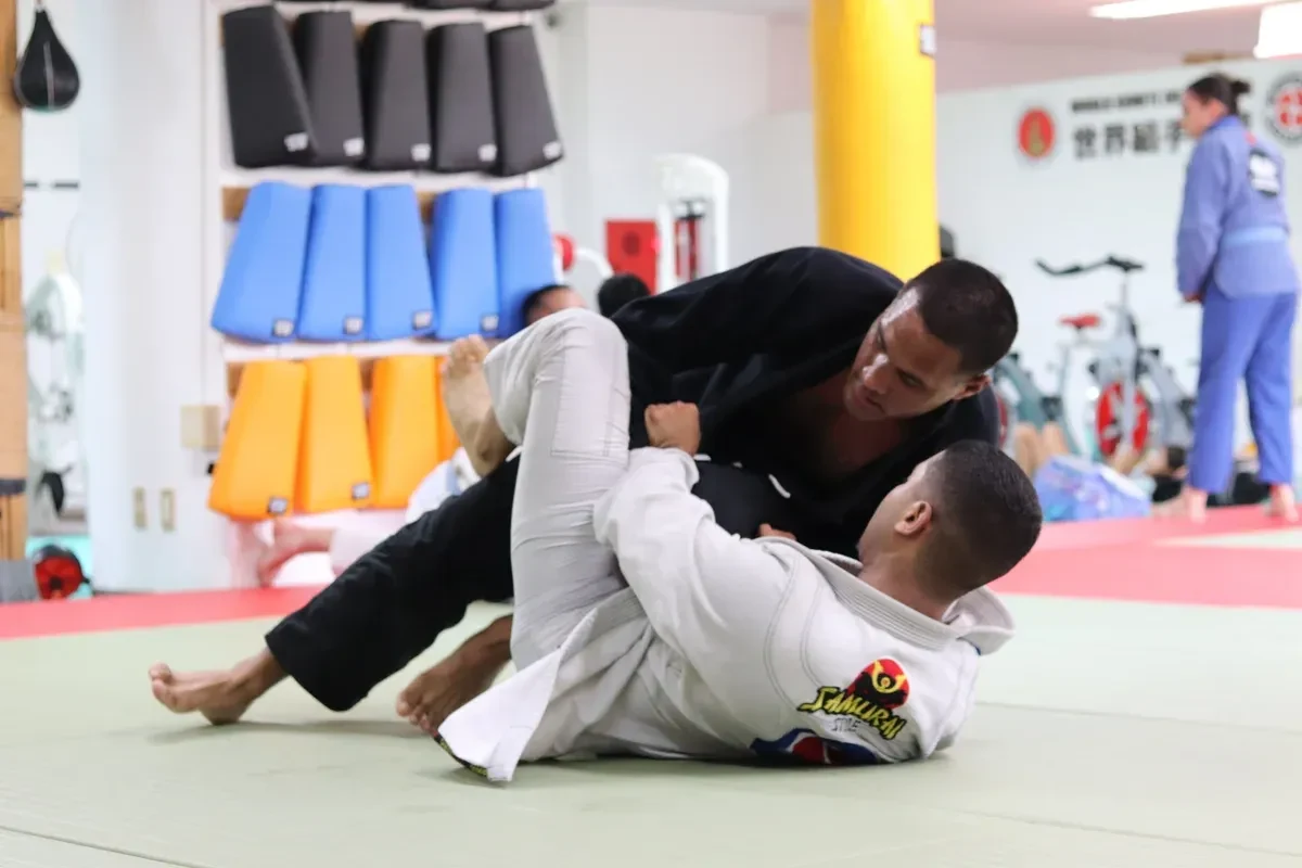 Two male trainers practicing karate in a dojo